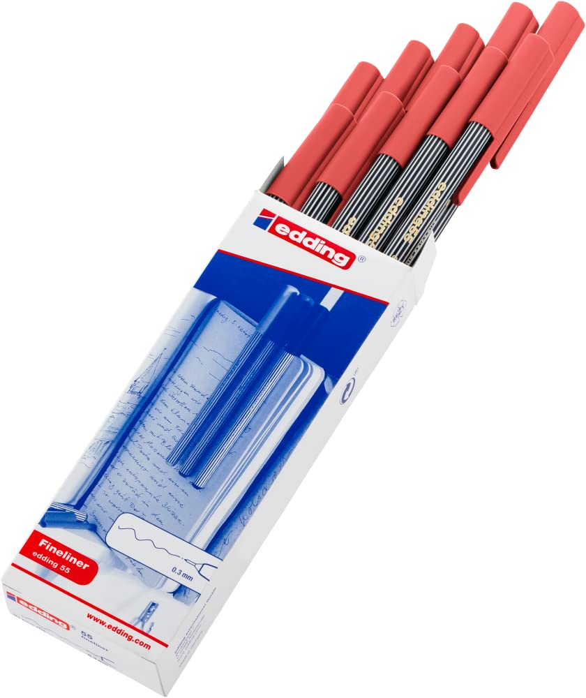 edding 55 Fineliner Pens - 10 Pack Vibrant Red Fine Tip Markers for Art, Journaling & Office Use