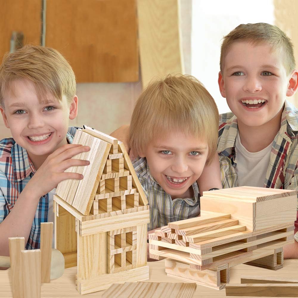 3 Bees & Me Wooden Building Blocks - 100 Piece STEM Construction Toy Set for Kids, Boys & Girls - Creative Educational Playset for Classroom, Home & Indoor Activities