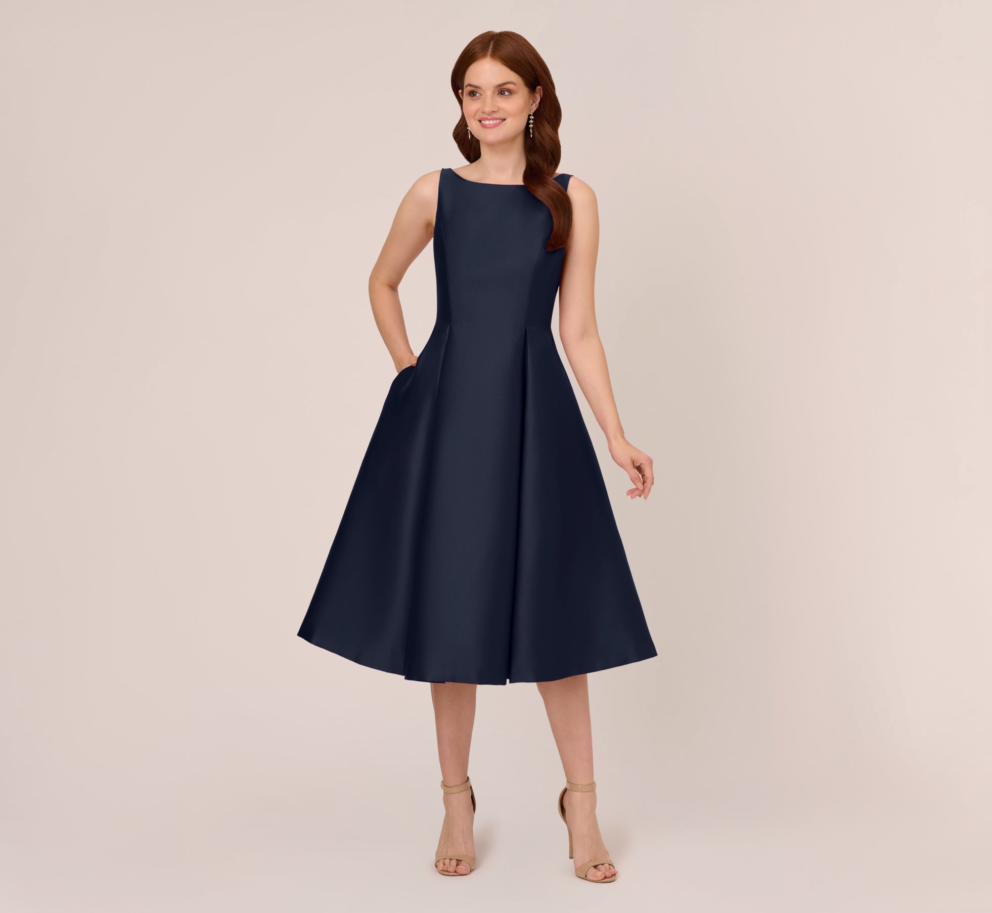 Elegant Sleeveless Mikado Fit and Flare Midi Dress with V Back in Midnight Blue - Perfect for Cocktail Parties, Weddings & Evening Events