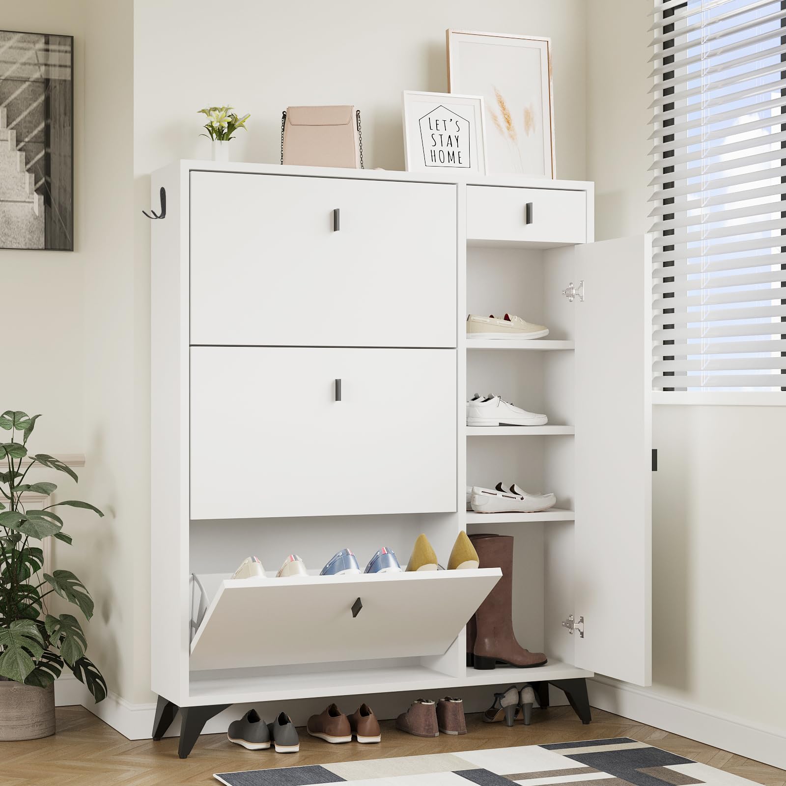 Modern White Shoe Cabinet with Doors & 3 Flip Drawers - Entryway Shoe Storage Organizer Holds 22 Pairs - Perfect for Hallway, Closet & Mudroom Organization