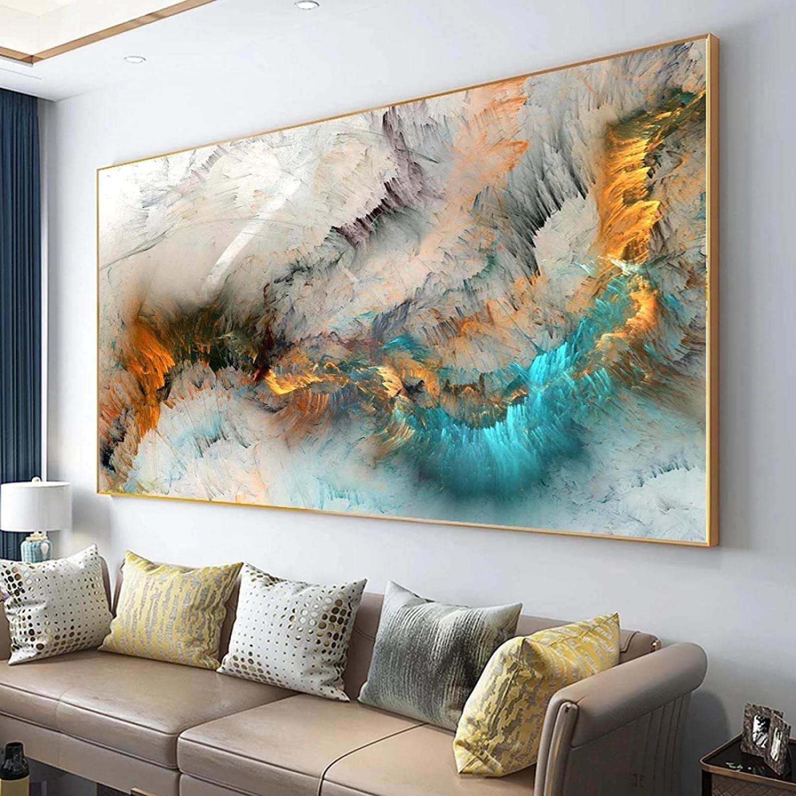 Light Gray Blue Yellow Abstract Cloud Canvas Wall Art - 80x160cm Framed Painting for Living Room, Bedroom & Office Decor | Modern Home Interior Design