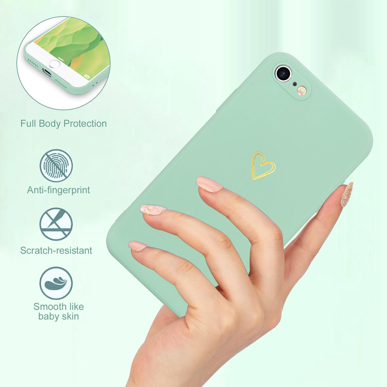 Premium Silicone Phone Case for iPhone SE 2022/2020, iPhone 8 & iPhone 7 - Shockproof Protective Cover with Cute Heart Design in Mint Green - Perfect Gift for Women & Girls (Home, Office, Travel Use)