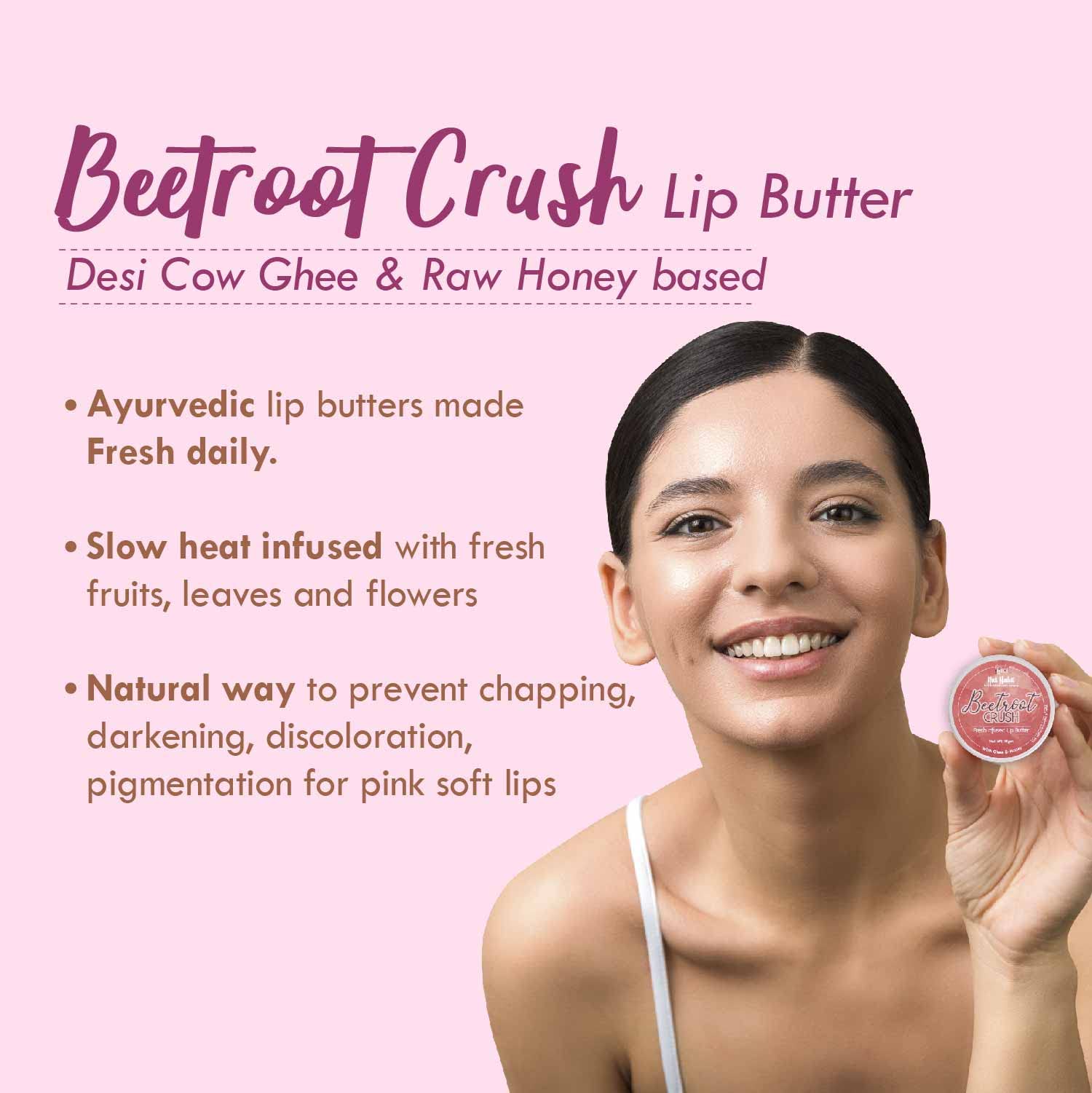 Nat Habit Fresh Beetroot Crush Lip Balm 10g - Natural Lip Butter with Desi Ghee & Raw Honey for Pink Lips, Nourishment, Dark & Chapped Lips Treatment - Pack of 1 - Perfect for Daily Hydration & Winter Lip Care