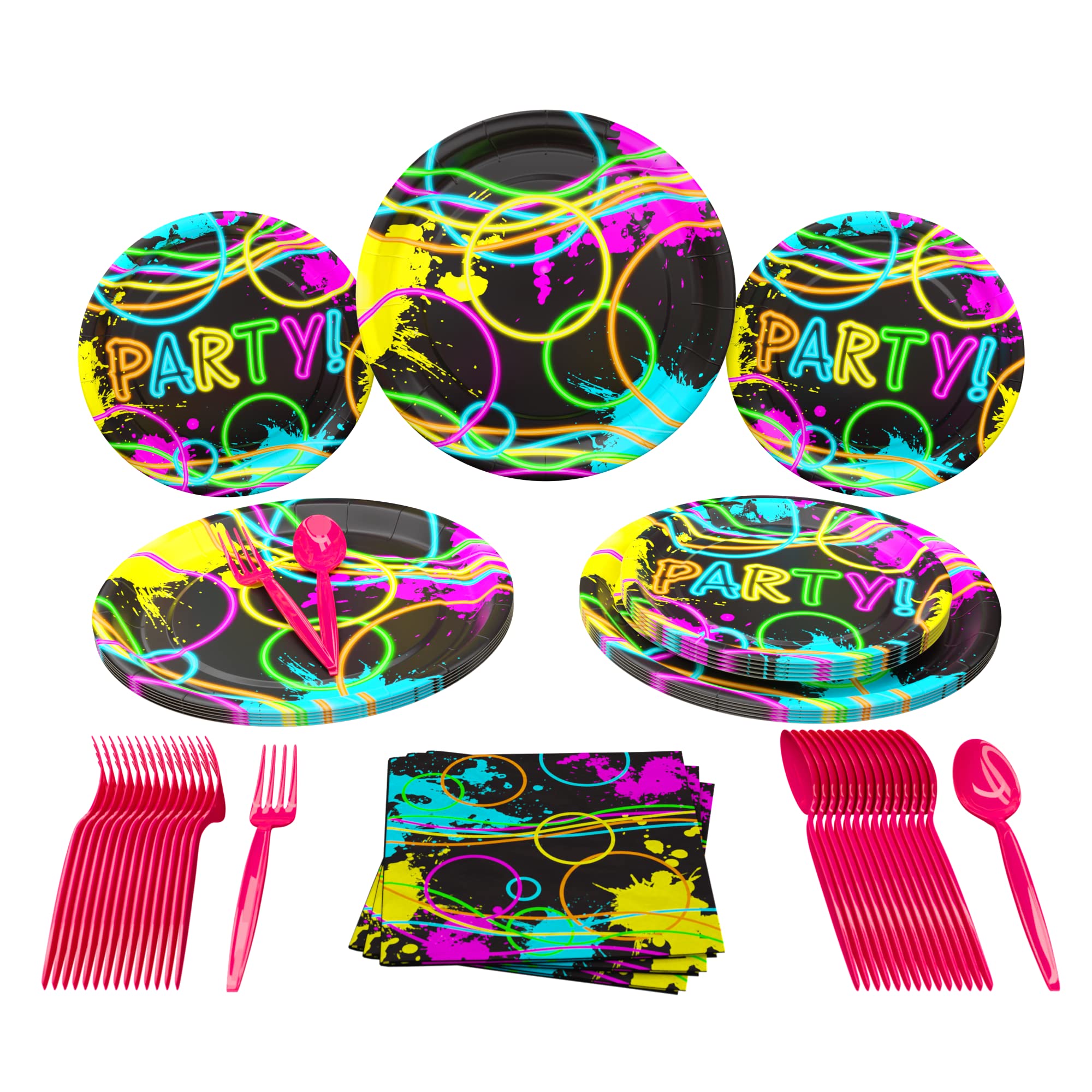 Blue Orchards Glow Party Supplies Pack for 16 Guests - Neon Plates, Blacklight Party Decorations & Birthday Party Essentials | Perfect for Neon Themed Birthday Parties, Rave Events & Glow-in-the-Dark Celebrations