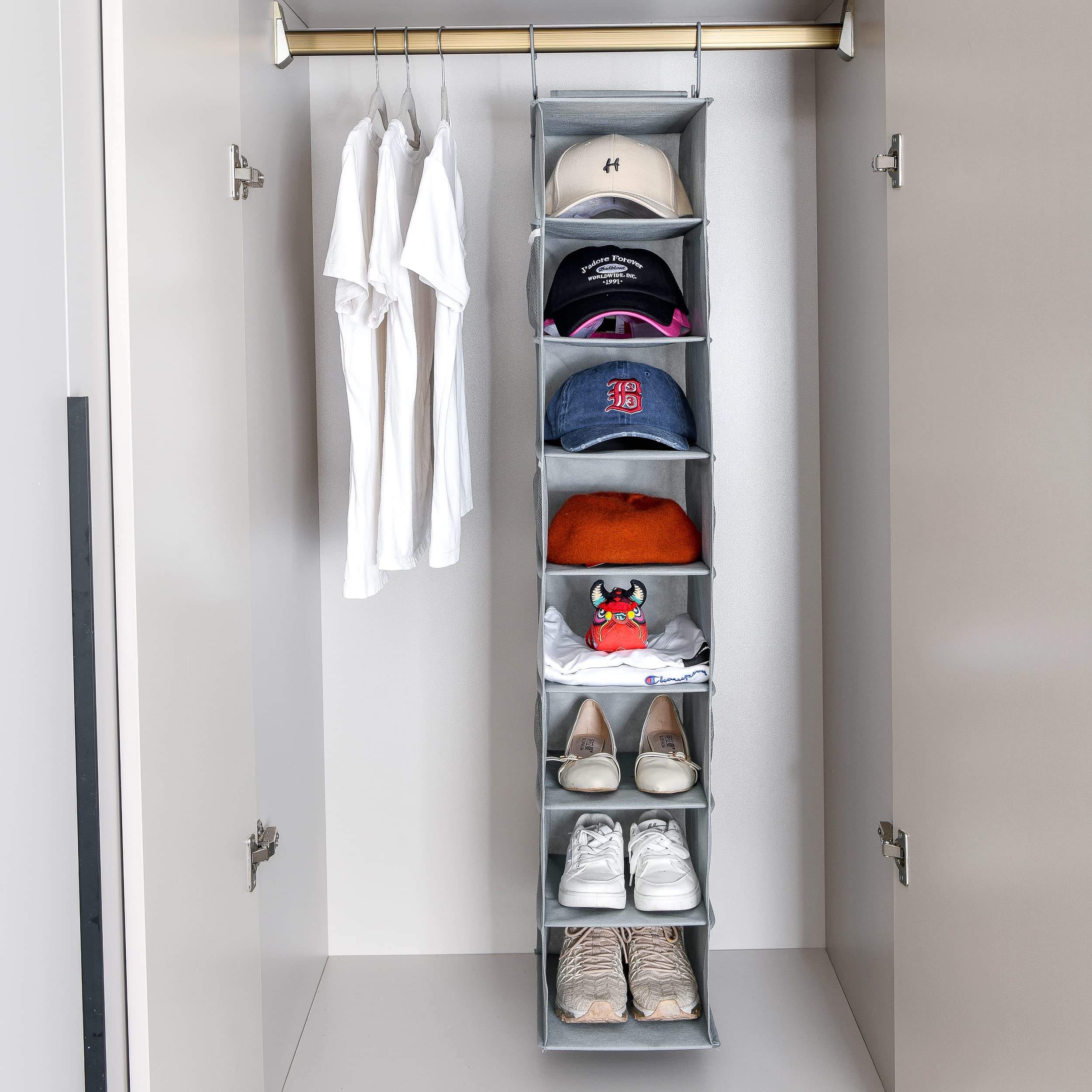 Hanging Shoe Organizer for Closet with Side Mesh Pockets - 8-Shelf Gray Shoe & Hat Storage Rack for Baseball Caps - Space-Saving Closet Organizer for Shoes, Hats & Accessories (1 Pack) - Perfect for Bedroom, Closet & Entryway Organization
