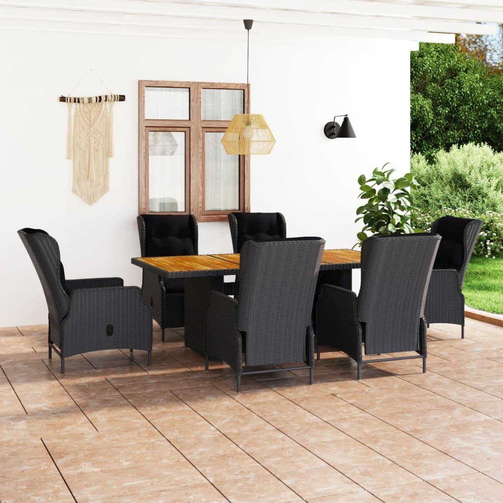 7-Piece Patio Dining Set with Cushions - Dark Gray Reclining Chairs, Black Cushions, Poly Rattan & Steel Frame - Modern Outdoor Furniture for Garden, Backyard, Poolside & Patio Dining