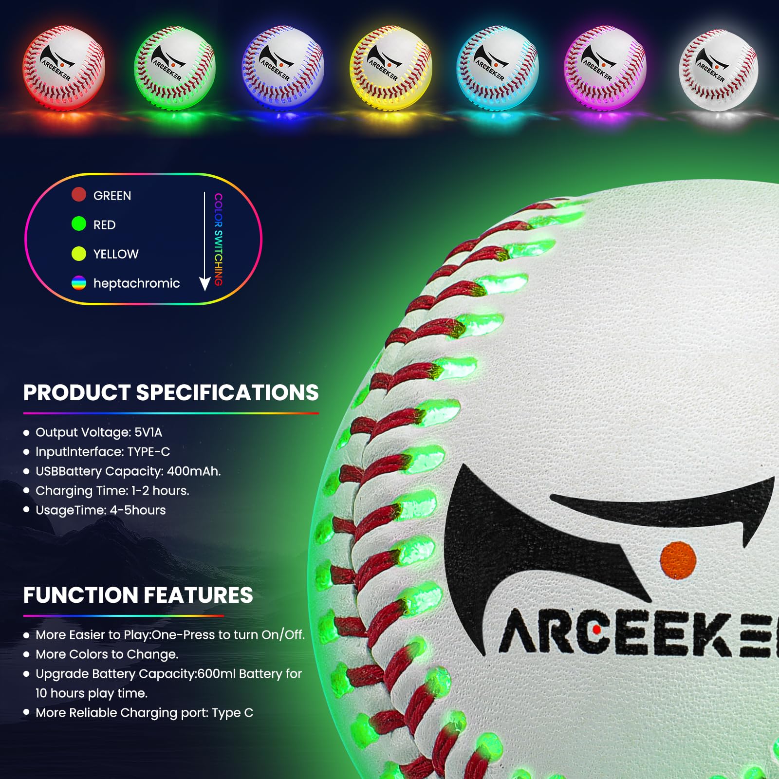Glow in The Dark LED Baseball Toy with 7 Color Changing Lights - Perfect for Nighttime Baseball Games, Backyard Play, and Fun Gifts for Boys, Girls & Baseball Fans