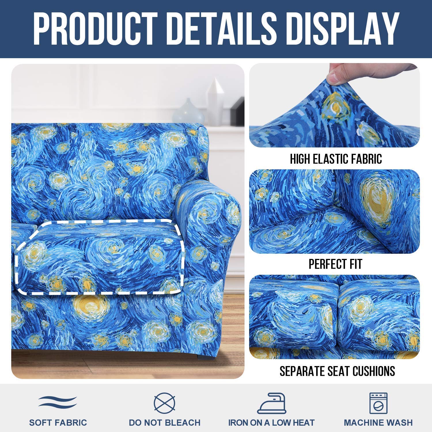 Hyha Printed Stretch Sofa Covers Set - 3 Cushion Couch Cover (72-96 inches) & Loveseat Cover (58-72 inches) - Starry Sky Design - Soft Elastic Fabric for Living Room, Bedroom, Dorm Decor - Easy to Install & Wash