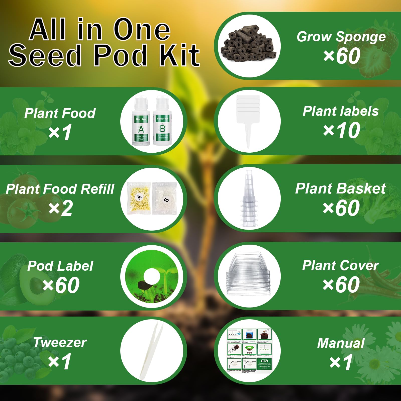 257-Piece Hydroponic Seed Pod Kit for AeroGarden - Includes 60 Sponges, Baskets, Domes & Labels + 6 A&B Plant Foods - Indoor Herb Garden Starter Kit for Fresh Basil, Mint & Veggies - Perfect for Kitchen, Office & Home Gardening