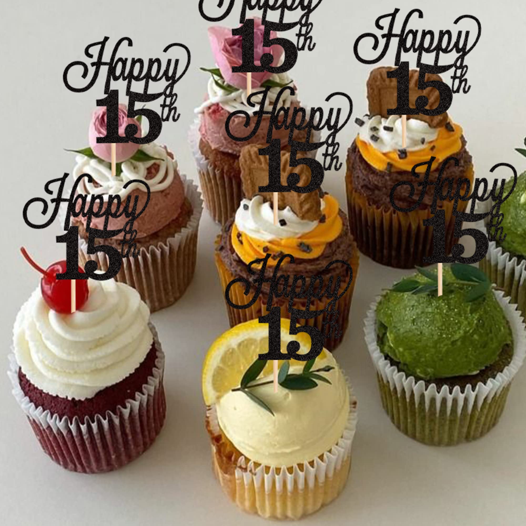 24 Pack Glitter Number 15 Cupcake Toppers - Happy 15th Birthday Decorations, Fifteen Anniversary Party Supplies for Wedding, Sweet 16, Quinceañera & Milestone Celebrations (Black)