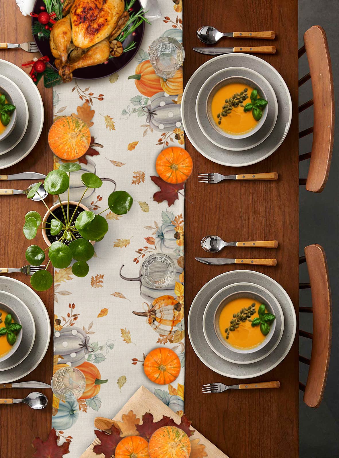 72 Inch Cotton Linen Table Runner - Thanksgiving & Fall Farmhouse Decor with Pumpkin Cats & Maple Leaf Design for Dining Table, Coffee Table, Wedding Party | Rustic Burlap Kitchen & Home Decoration Scarf