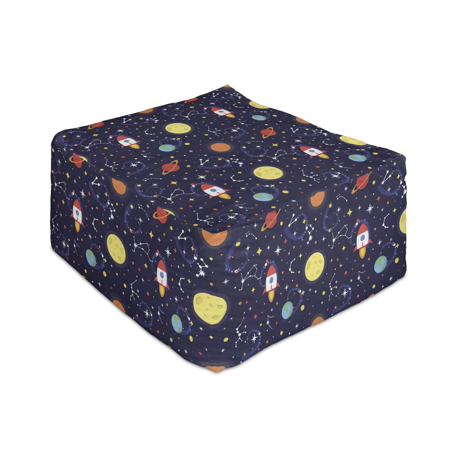 Ambesonne Spaceship Rectangle Pouf Ottoman - Cosmic Themed Flying Spacecraft Design with Stars & Planets - 25