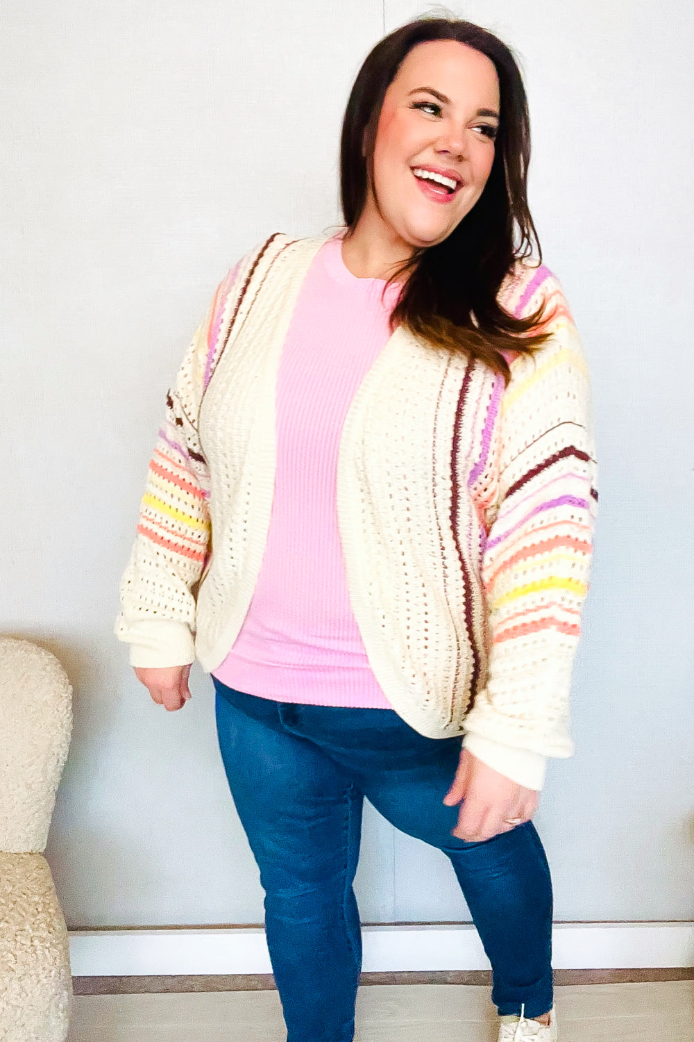 Easy Living Oatmeal Multicolor Stripe Dolman Crochet Cardigan Sweater - Cozy Boho Chic Knitwear for Women | Perfect for Fall Layering, Coffee Dates & Casual Outings