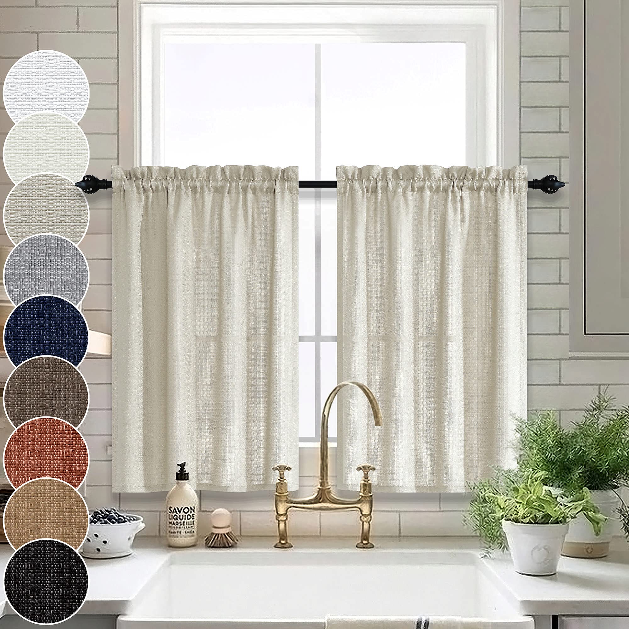 Farmhouse Tier Curtains 36 Inches Long - Faux Linen Textured Short Curtains for Kitchen & Bathroom Windows, Rod Pocket Half Cafe Style with Burlap Look, Neutral Beige (32x36 Inches) - Perfect for Farmhouse Decor, Cozy Kitchens & Small Bathroom Windows
