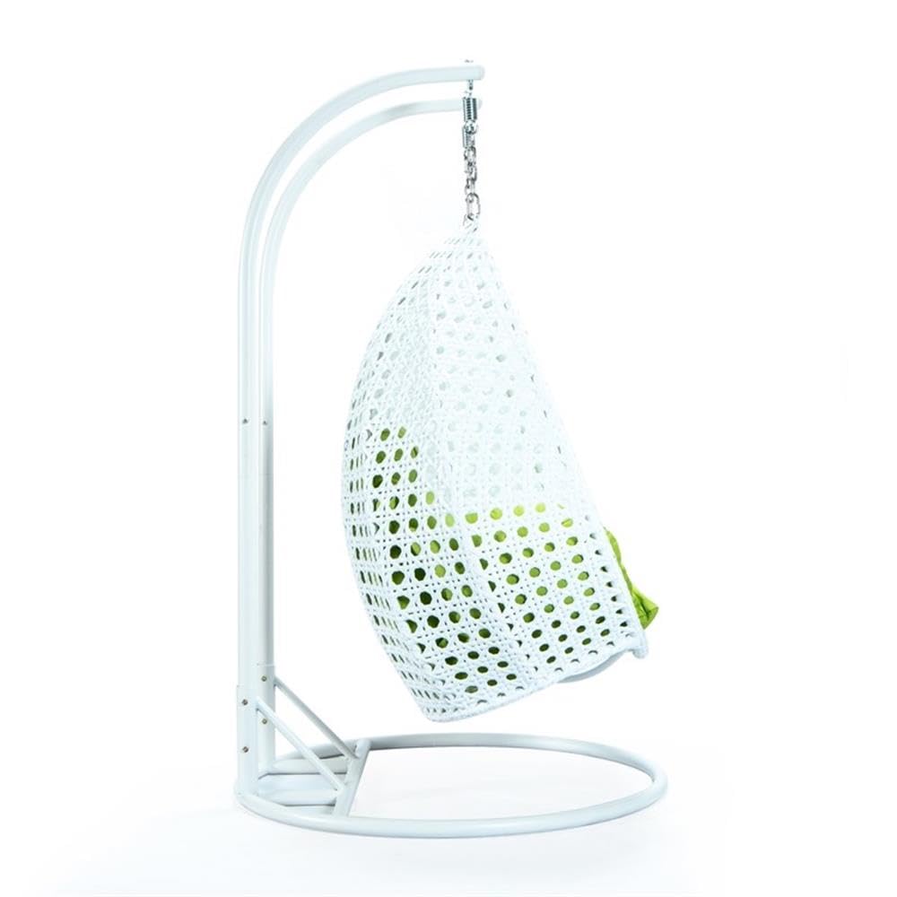 LeisureMod 2-Person Wicker Egg Chair - Outdoor/Indoor Hanging Swing with White Stand & UV-Resistant Cushions (Light Green) - Perfect for Patio, Garden, Bedroom or Balcony Relaxation
