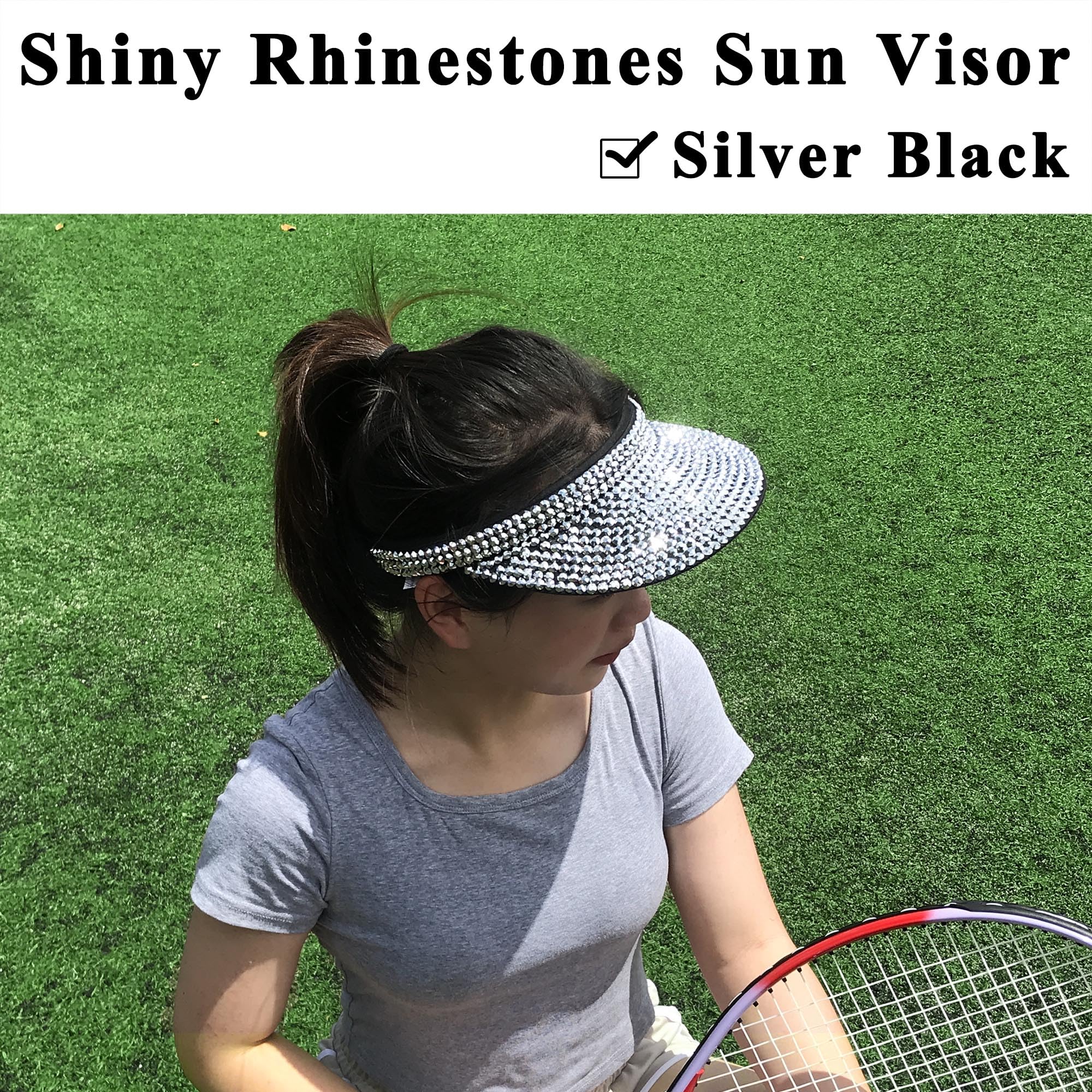 Shiny Rhinestone Clip-On Sun Visor Hat for Women & Men - Adjustable Bling Sports Summer Cap for Golf, Beach, Driving & Outdoor Activities