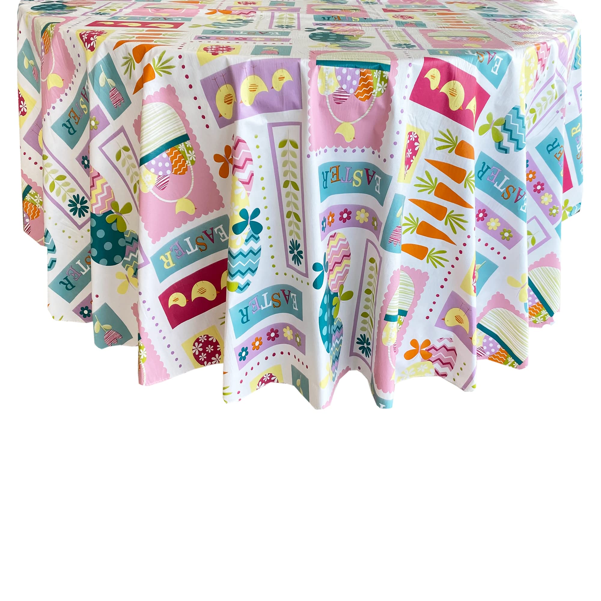 Easter Spring Tablecloth - Pastel Easter Egg Print Vinyl Flannel Backed Table Cover, 60” x 84” Oval, Wipe Clean & Easy Care for Holiday Dining, Party Decor, and Spring Home Decor