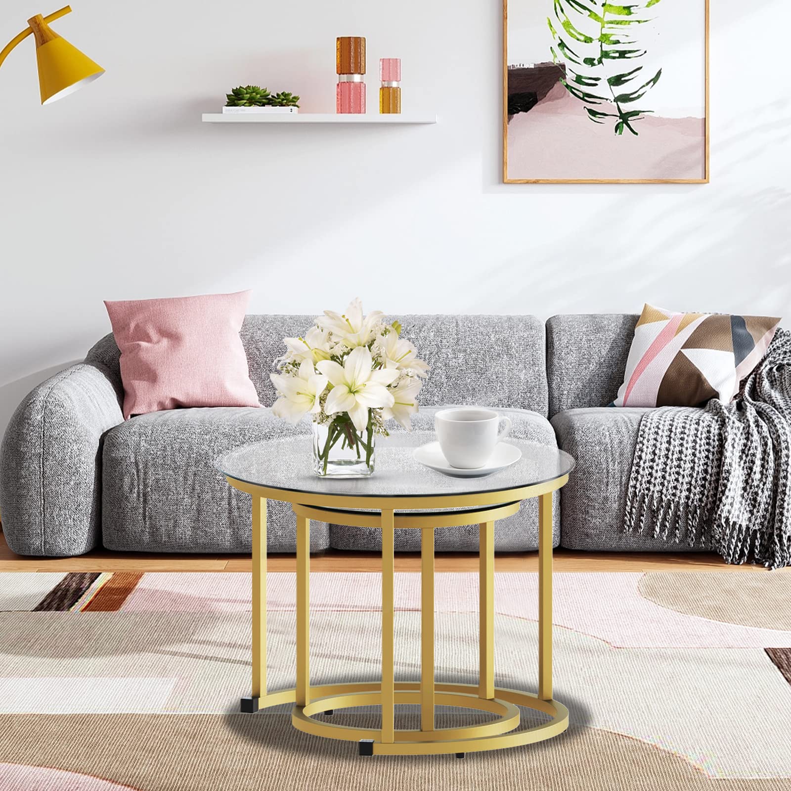 aboxoo Gold Nesting Coffee Table Set of 2 - Modern Industrial Round Glass Side Tables with Metal Frame for Living Room, Bedroom & Office - Perfect for Tea Time, Reading Nook or Lounge Area Decor
