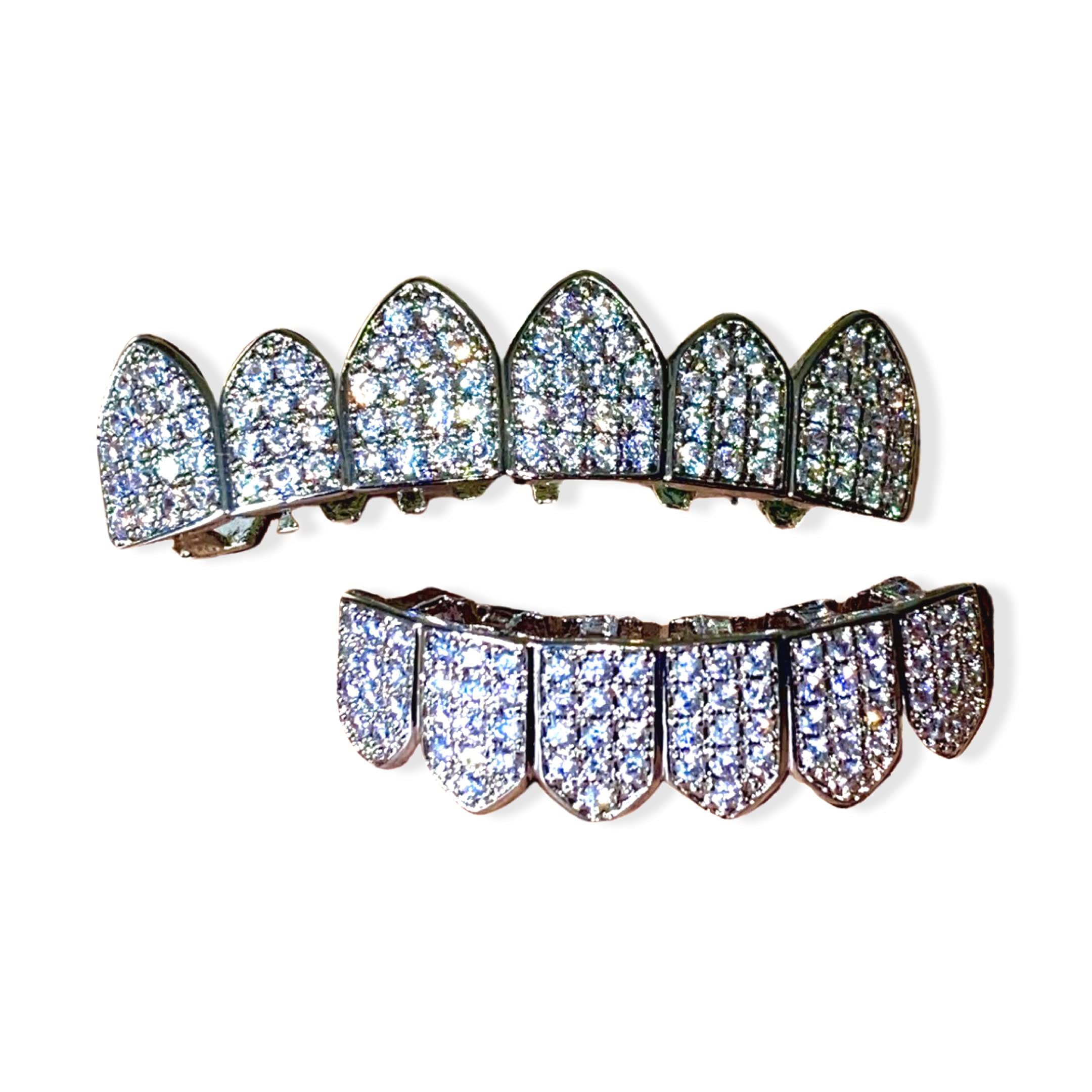 18K White Gold Plated CZ Cluster Custom Grillz Set - Top & Bottom Teeth Grills for Men & Women | Perfect for Hip Hop Fashion, Music Videos & Special Occasions