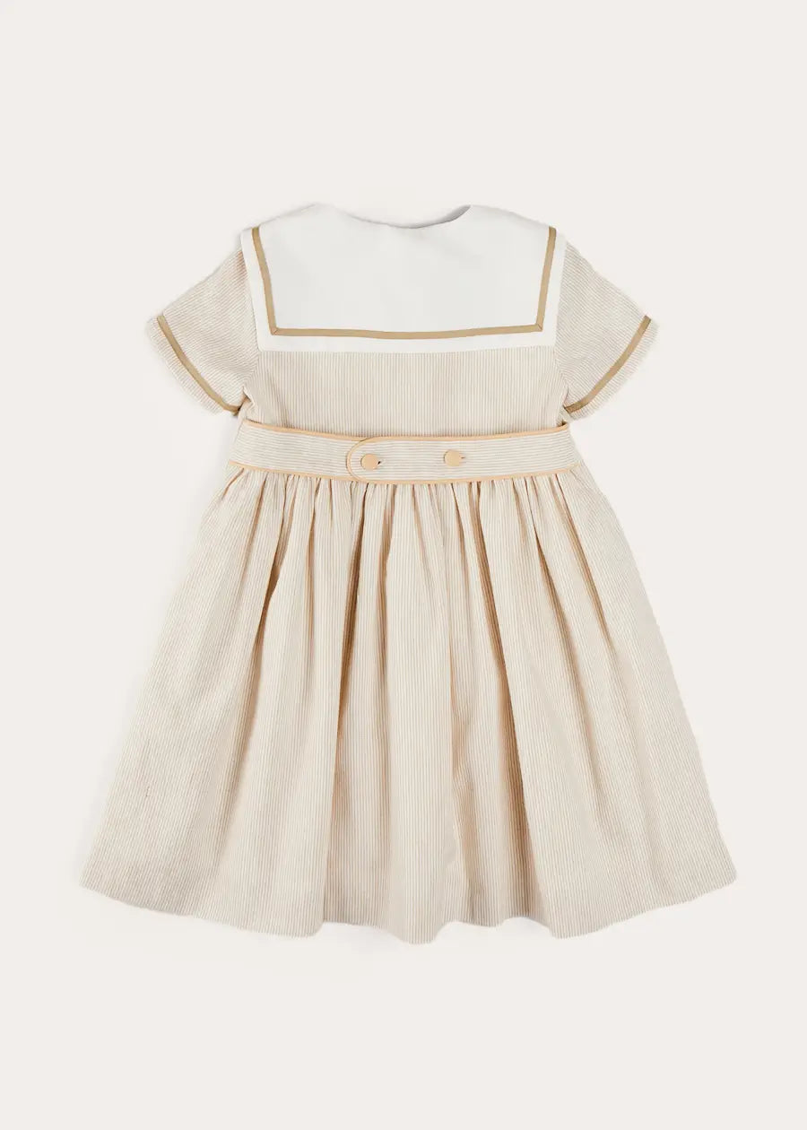 Waterford Striped Mariner Collar Double Breasted Short Sleeve Dress for Girls 12 Months to 10 Years - Beige Nautical Style Summer Outfit for Beach, Party & Casual Wear