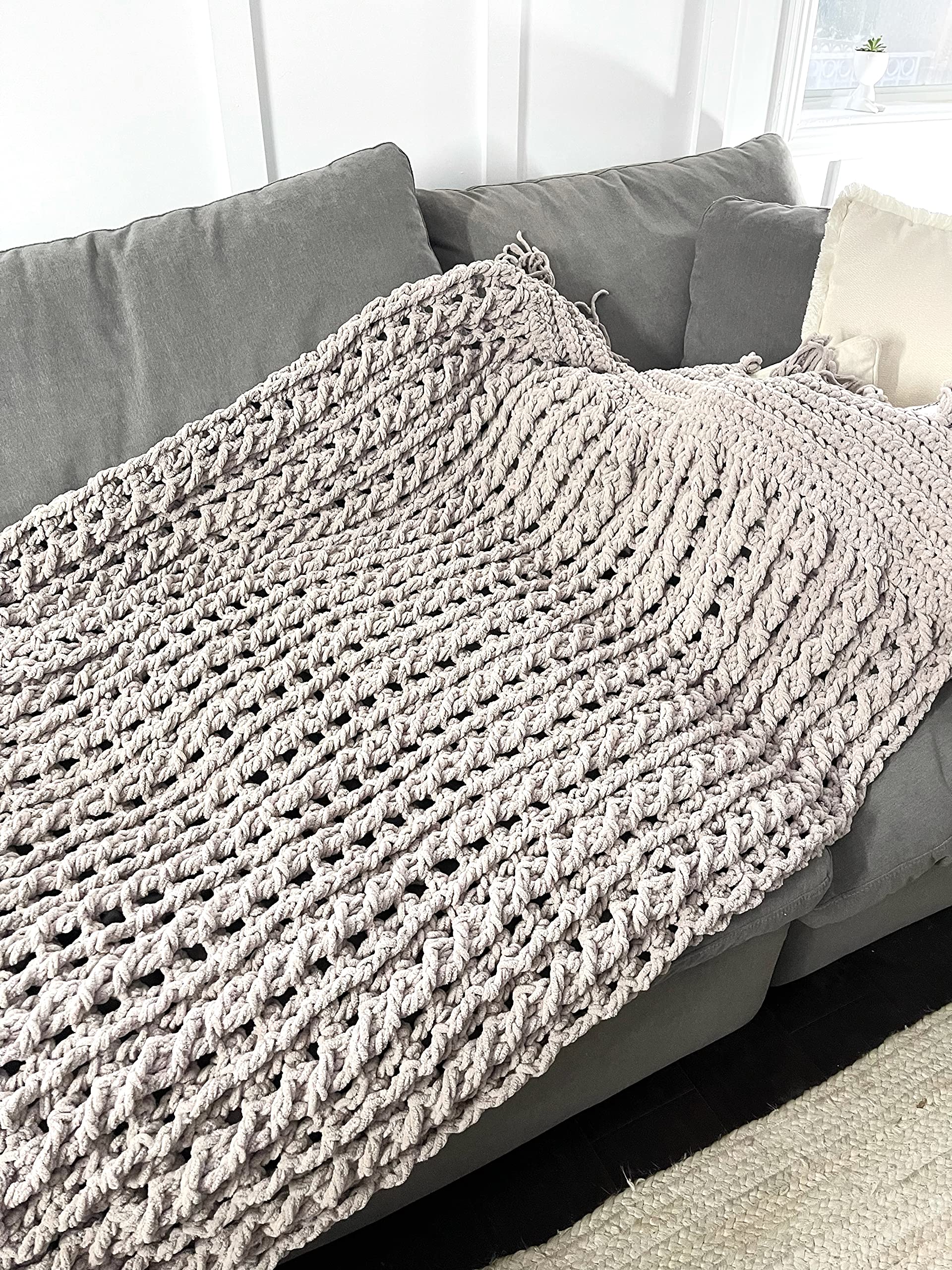 Handmade Crochet Blanket - Soft Thick Gray Rope Knit Throw Blanket for Sofa, Bed & Couch - Year Round Cozy Gift for Home Decor, Wedding & Baby Shower