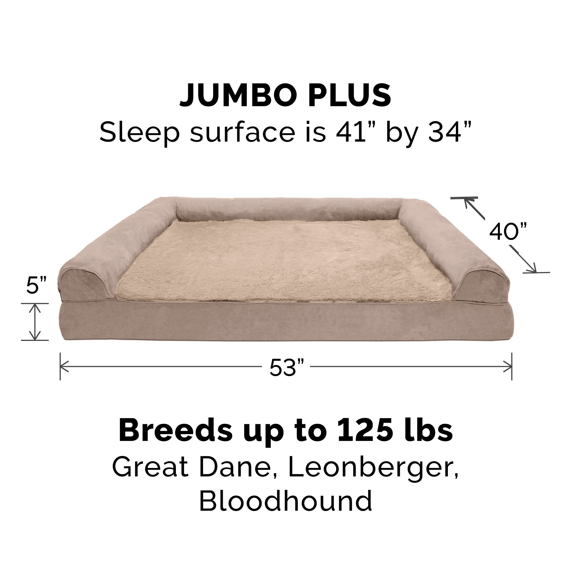 **Furhaven Orthopedic Dog Bed for Large Dogs - Removable Bolsters & Washable Cover - Plush & Suede Sofa - Supports Up to 125 lbs - Almondine, Jumbo Plus/XXL - Perfect for Arthritis & Joint Pain Relief - Ideal for Living Room, Bedroom & Pet-Friendly Spaces**