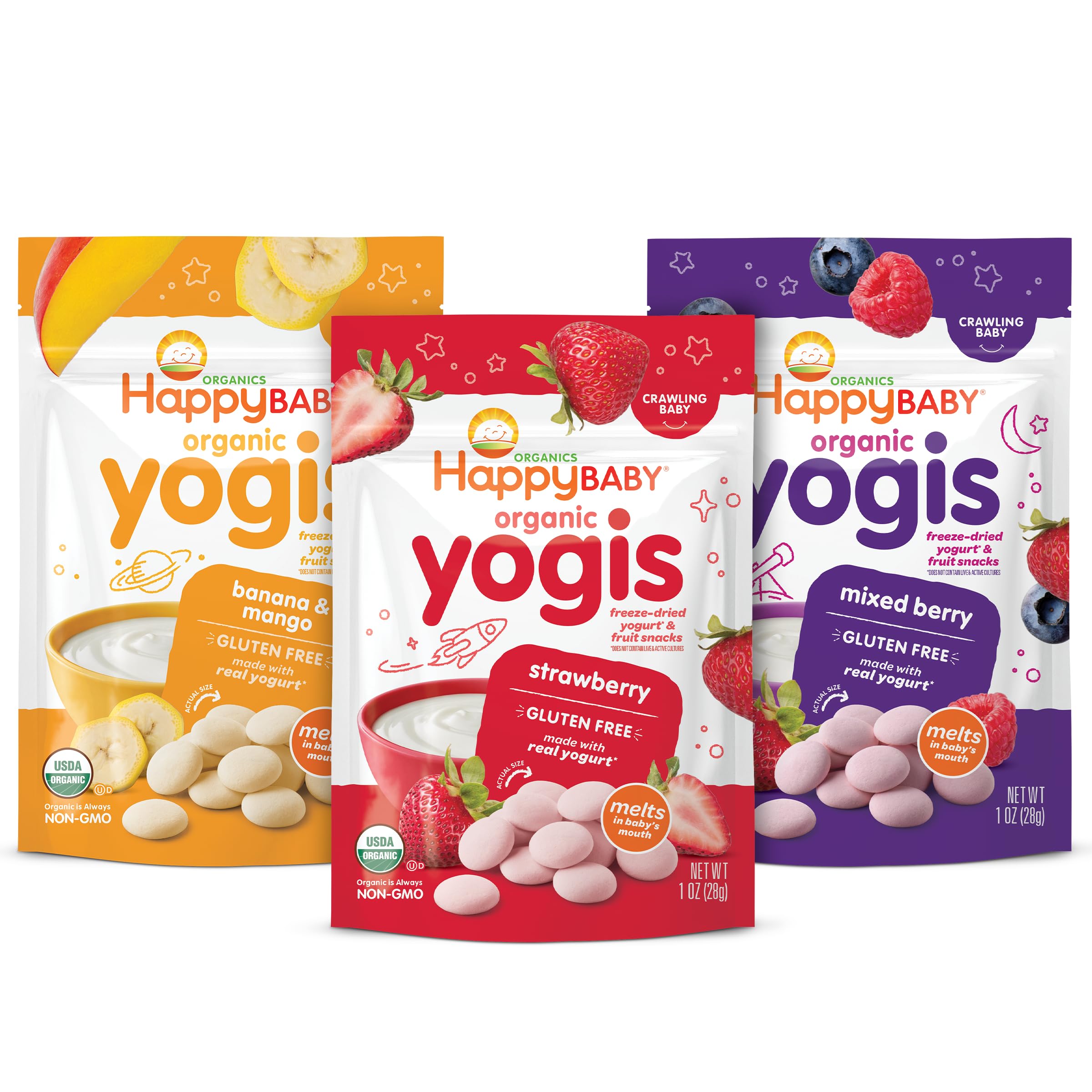 Happy Baby Organics Yogis Freeze-Dried Yogurt & Fruit Snacks - 3 Flavor Variety Pack (Strawberry, Banana & Mixed Berry), 1 Ounce (Pack of 3) | Healthy Toddler Snacks for On-the-Go, Lunch Box & Travel | USDA Organic, No Artificial Flavors