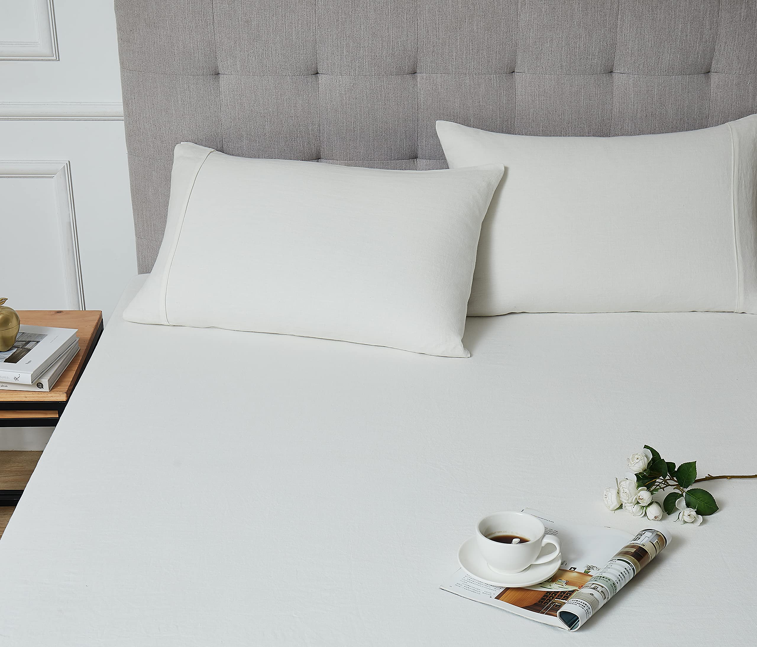 Berklan 100% French Linen Fitted Sheet - Twin Size, 16 Inch Deep Pocket, Fully Elasticized, Ultra Breathable Off-White Bedding - Perfect for Allergy Sufferers & Hot Sleepers