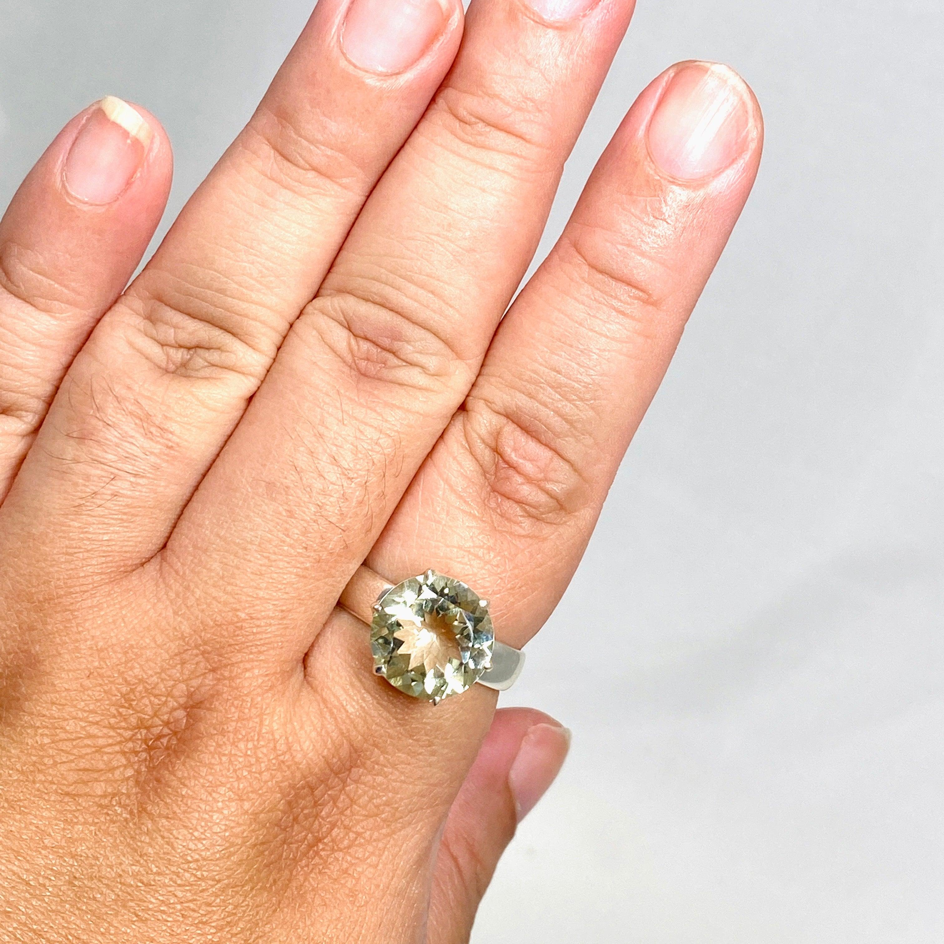 Natural Prasiolite (Green Amethyst) Faceted Round Ring - Size 12 - PRGJ415 - Perfect for Engagement, Wedding & Special Occasions