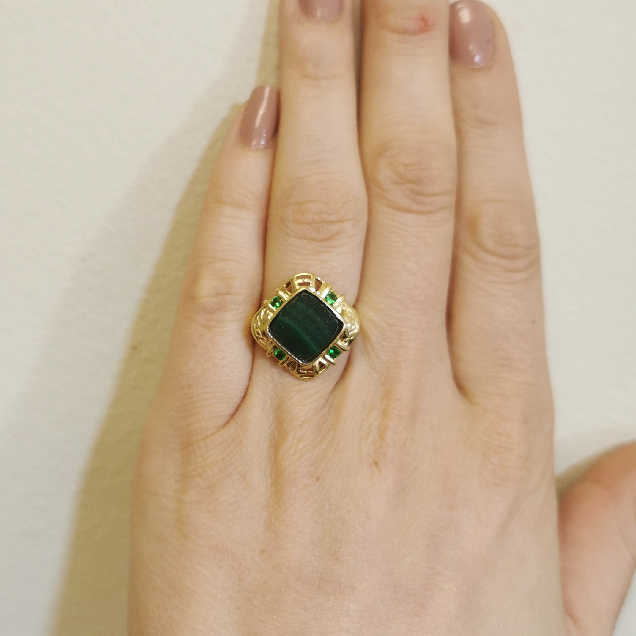 Malachite and Tsavorite Garnet Cocktail Ring - 6.00ct Natural Gemstone, 0.16ctw Diamond Accents - Size 6.75 - Elegant Statement Jewelry for Women, Perfect for Parties, Weddings & Special Occasions