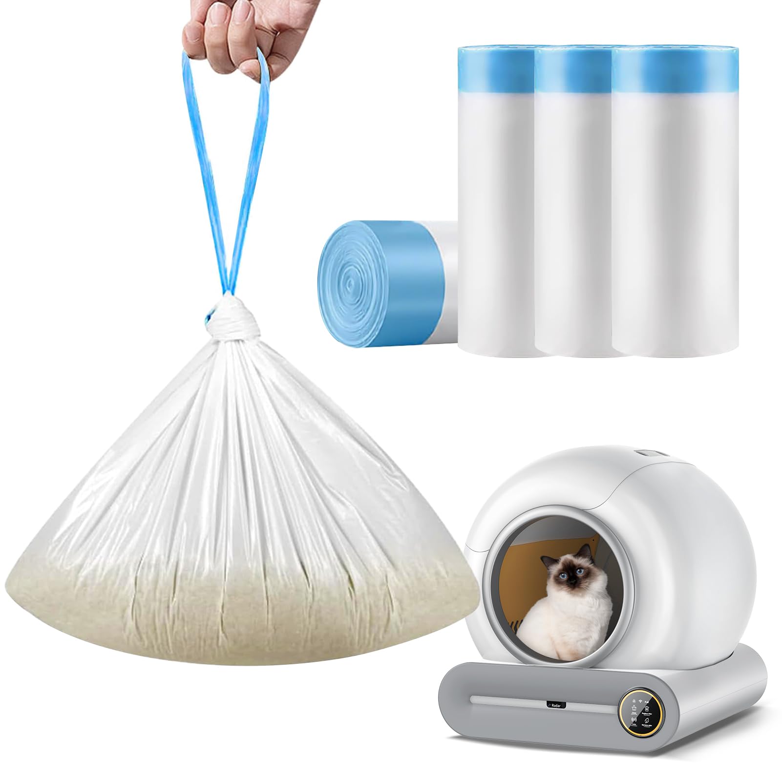 Self-Cleaning Cat Litter Box Liners - 60 Count Drawstring Waste Bags, Compatible with Automatic Litter Robot & Smart Litter Boxes | Odor Control, Leak-Proof Design for Easy Cleanup | Perfect for Multi-Cat Homes & Busy Pet Owners