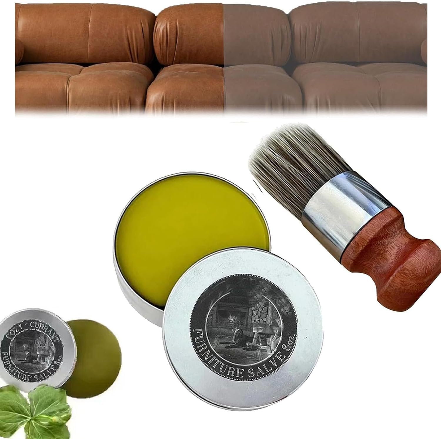 Wise Owl Leather Furniture Salve & Boar Bristle Brush Bundle - Natural Leather Conditioner for Sofas, Chairs & Couches - Restore & Protect Leather Furniture at Home
