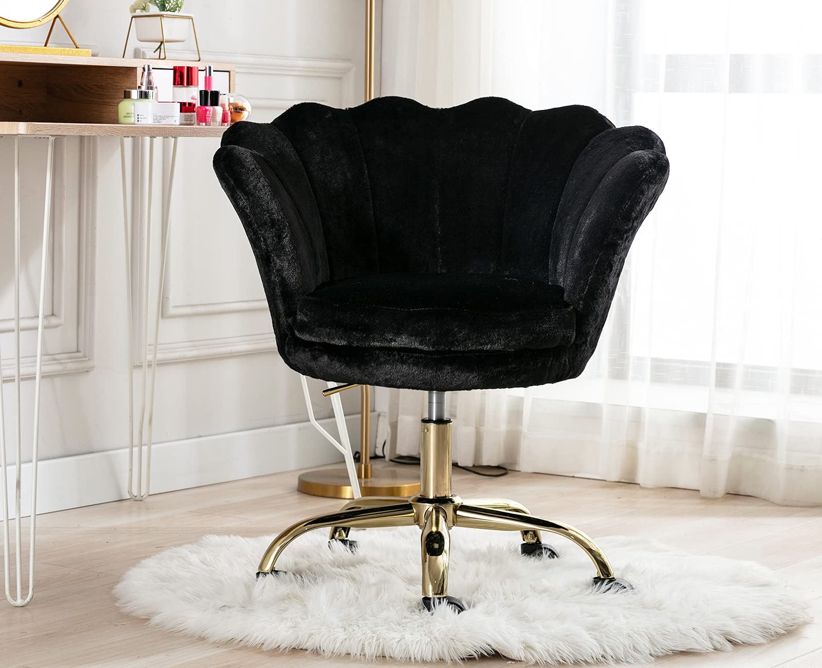 Fur Vanity Chair for Girls Makeup Room - Adjustable Upholstered Home Office Desk Chair with Golden Metal Base - Modern Seashell Back Armchair for Living Room, Guest Room & Bedroom - Soft Black Velvet - Perfect for Dressing Tables, Beauty Stations & Cozy Reading Nooks