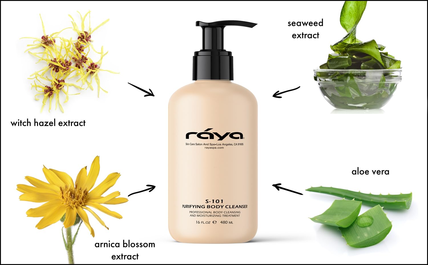 Raya Purifying Body Cleanser 16 oz - Gentle Moisturizing Body Wash & Hair Shampoo for All Skin Types | Softens, Nourishes Skin & Scalp | Perfect for Daily Shower, Spa Day & Travel Essentials