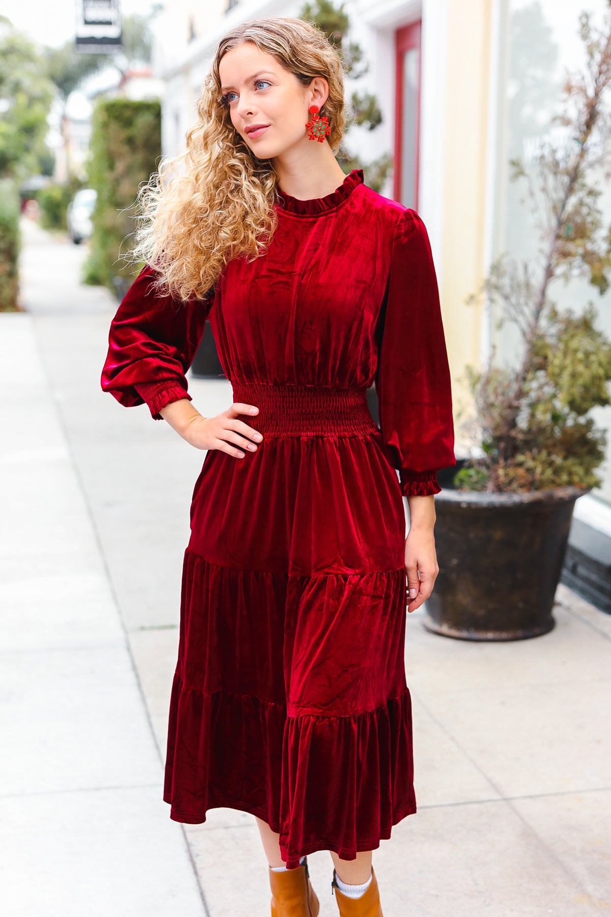Burgundy Velvet Mock Neck Smocked Waist Dress for Women - Elegant Holiday Party & Christmas Dinner Outfit