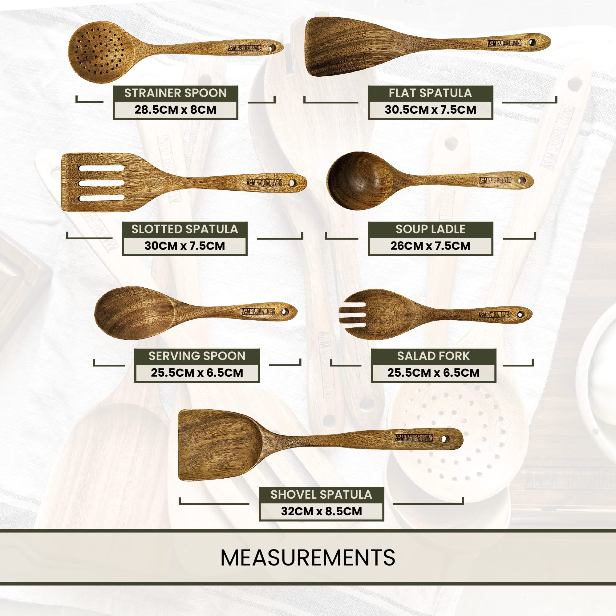 **A&M 7-Piece Natural Wooden Kitchen Utensil Set - Wooden Spoons, Serving Spoon & Spatula for Cooking, Baking & Serving - Eco-Friendly Non-Stick Cookware Accessories (Perfect for Home Kitchen, Camping & Gifting)**
