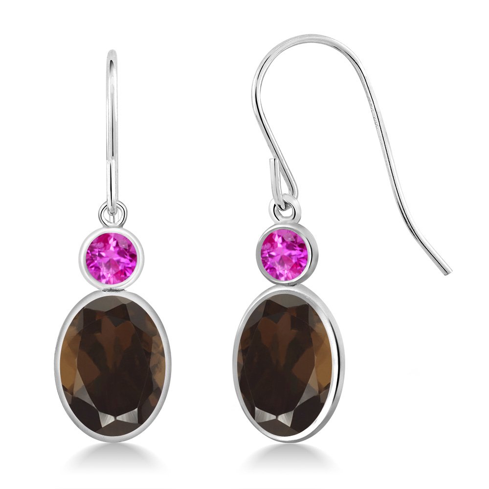 2.66 Ct Oval Brown Smoky Quartz & Pink Sapphire 14K White Gold Dangle Earrings for Women - Elegant French Hook Fish Ear Wires - Perfect for Parties, Weddings & Date Nights