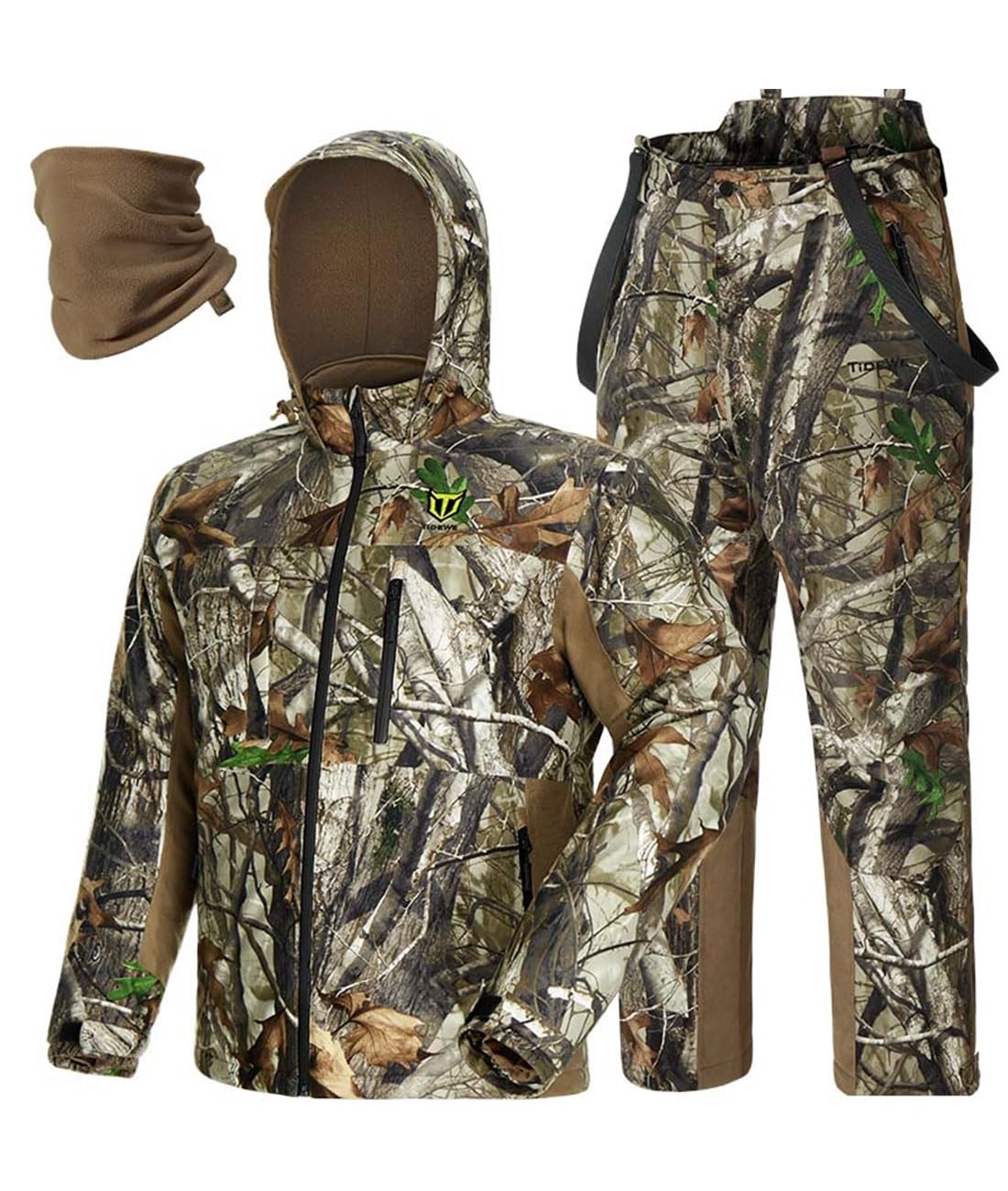 TIDEWE Men's Silent Waterproof Hunting Jacket with Face Mask & Adjustable Bibs - Safety Strap Compatible for Deer, Duck & Turkey Hunting