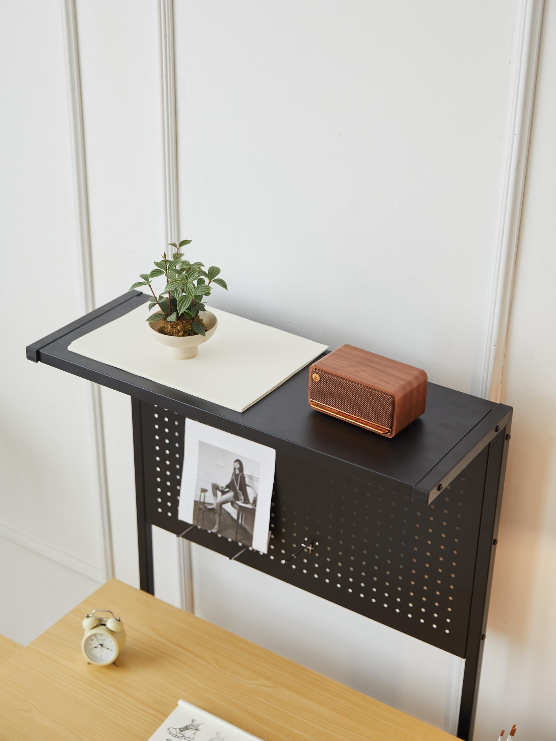 LOPOO Adjustable Height Drafting Table - Artist Desk with Magnetic Perforated Panel, Tilting Tabletop & 2 Storage Drawers - Sketching, Crafting & Art Workstation with Stool (Black-Oak) - Perfect for Home Studio, Office & Classroom Art Projects