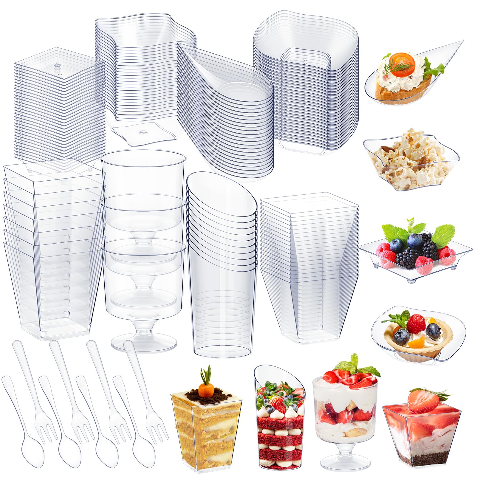 400 Pcs Mini Clear Plastic Appetizer Plates, Dessert Cups, Spoons & Forks Set - Assorted Shapes Disposable Party Serving Supplies for Events, Catering & Home Use
