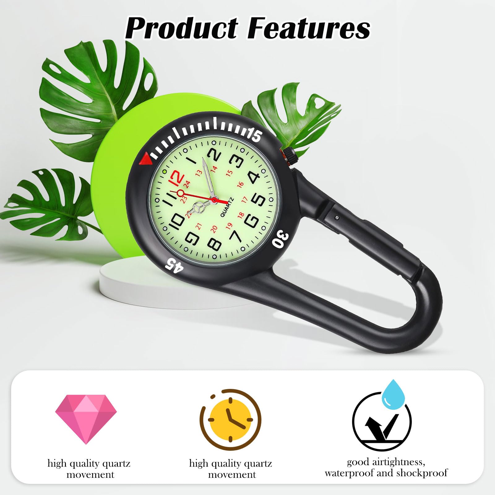 Nurse Watch Clip On Fob Watch with Carabiner - Black Quartz Dial Watch for Medical Professionals, Doctors, Nurses & Paramedics - Perfect for Healthcare Workers, Chefs & Outdoor Activities
