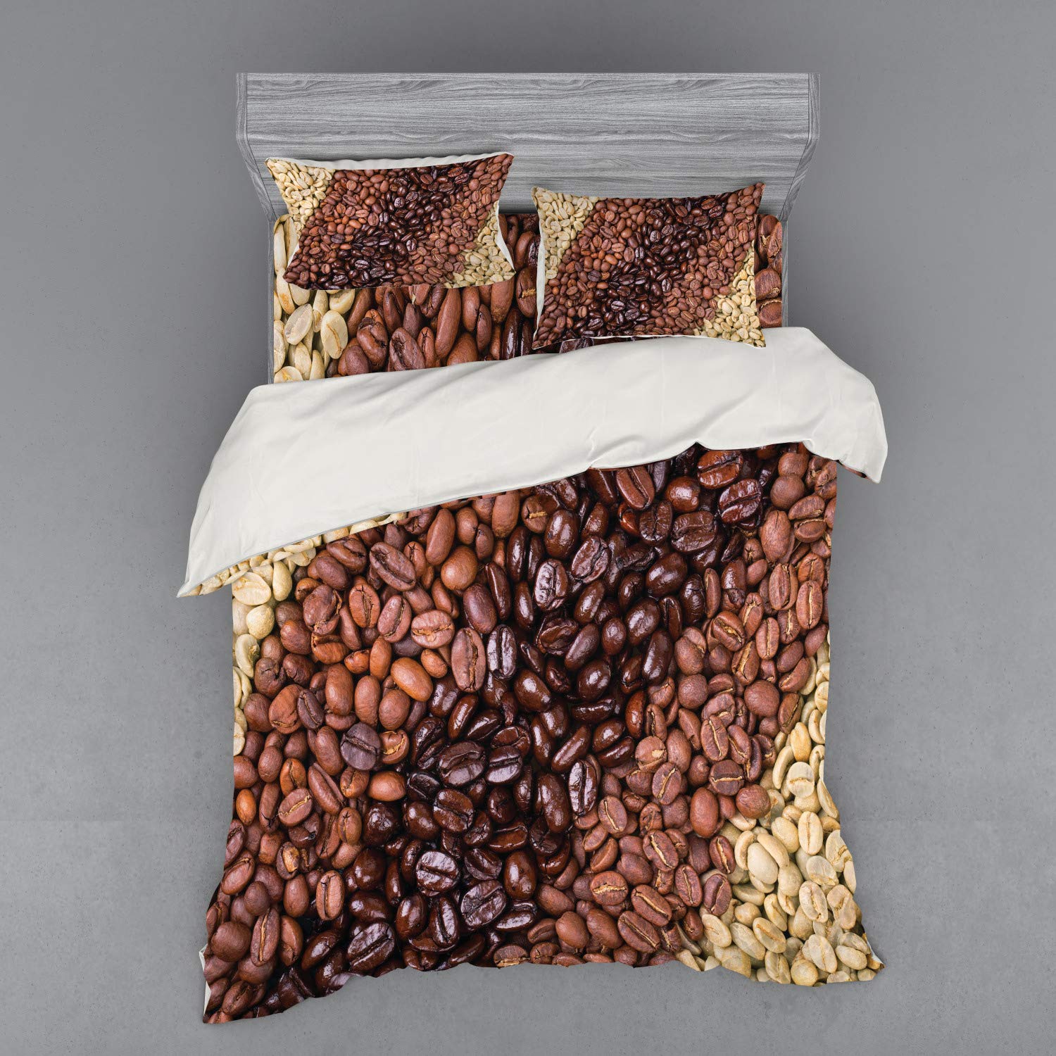 Ambesonne Coffee Themed Bedding Set - 4 Piece Queen Size Duvet Cover with Shams & Fitted Sheet - Diagonal Stripe Pattern in Brown & Cream - Perfect for Coffee Lovers' Bedroom Decor & Gift Idea
