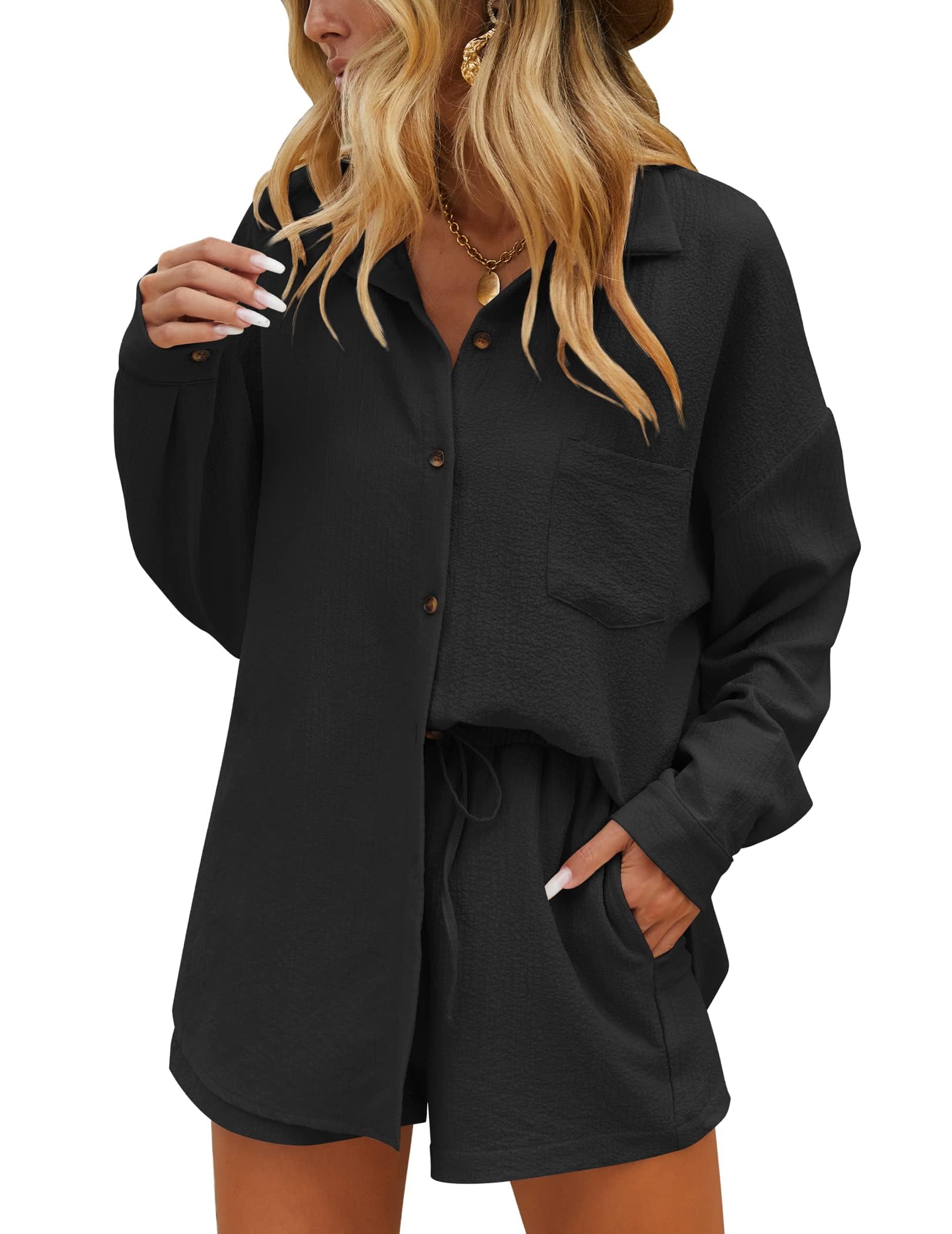 Ekouaer Women's Summer Lounge Set - Button Down Shirt & Casual Shorts with Pockets, 2 Piece Outfit for Home, Travel & Casual Wear