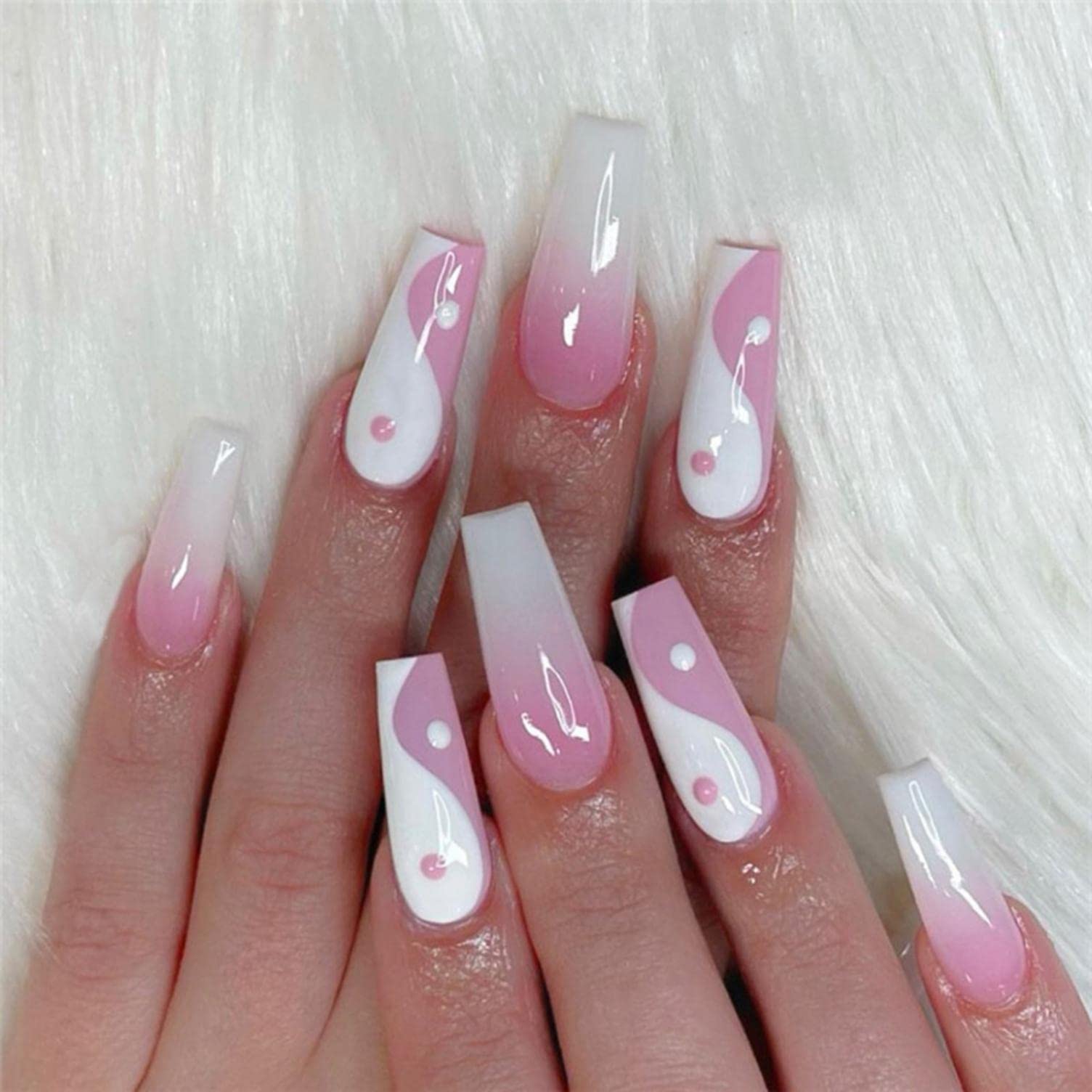 24pcs Long Glossy Press On Nails - Nude Pink with Floral Designs, French Ballerina Coffin Fake Nails for Manicure | Perfect for Parties, Weddings & Everyday Wear