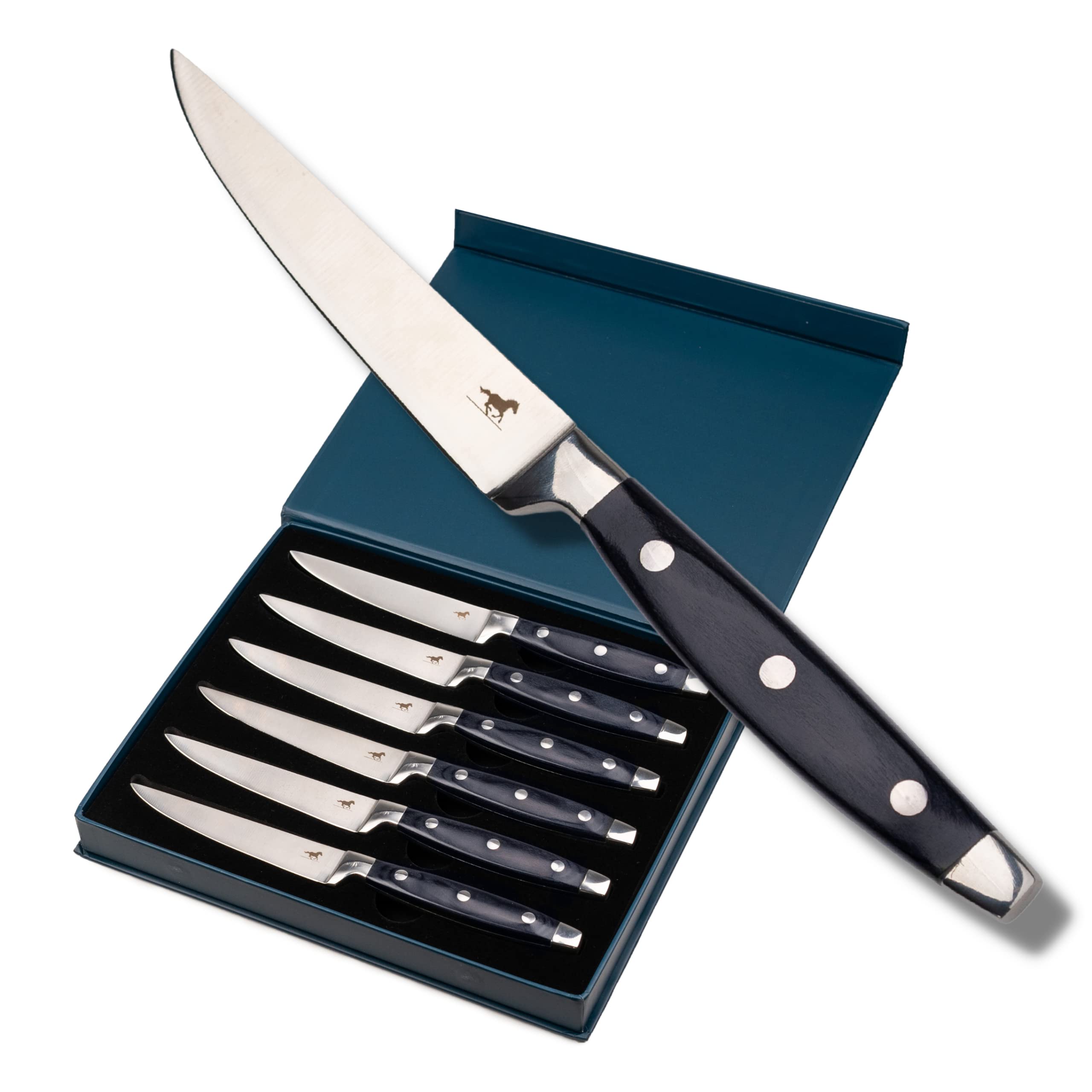 Premium 6-Piece Steak Knife Set - Ultra Sharp High Carbon Stainless Steel Blades with Wooden Handles & Full Tang Design - Elegant Gift Box - Perfect for Steak Dinners, BBQ Parties & Fine Dining Experience