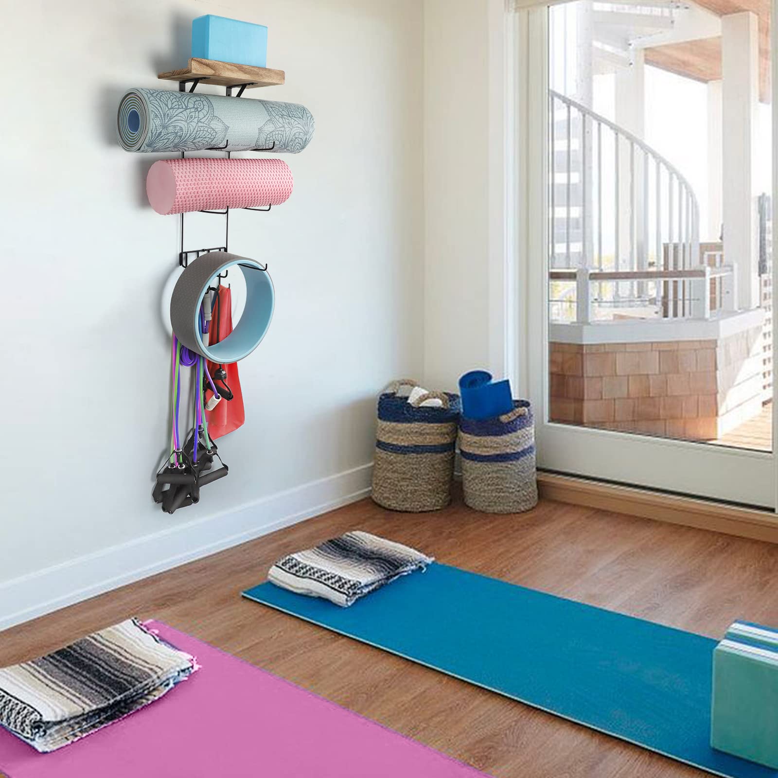 VINAEMO Yoga Mat Holder Wall Mount Organizer - 4 Hooks & Wooden Shelves for Foam Roller, Towel, Resistance Bands Storage - Home Gym, Yoga Studio, Office & School Decor Accessory