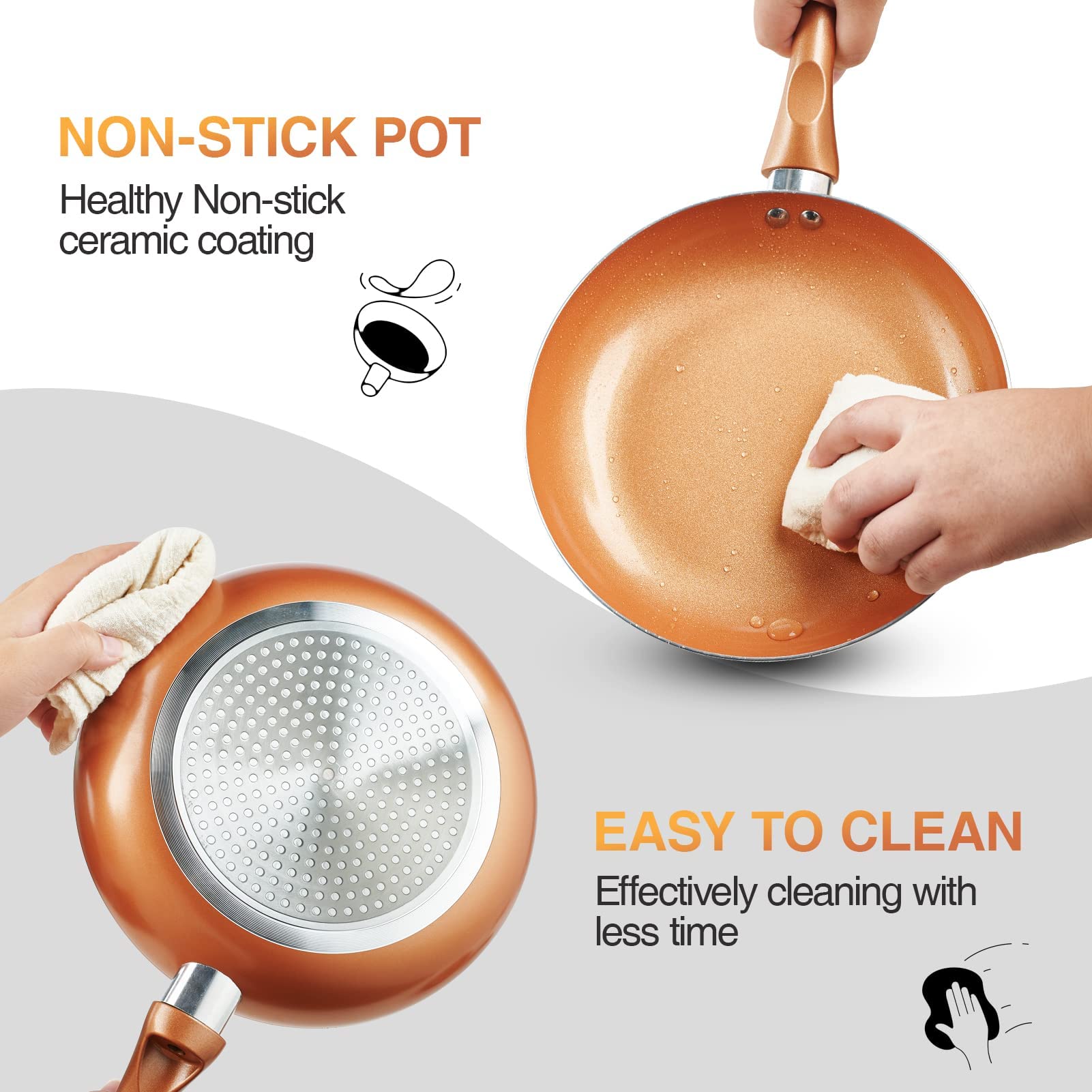 Ultra Nonstick 11-Piece Pots and Pans Set with Ceramic Copper Coating - Stay Cool Handles & Includes Nylon Kitchen Utensils - Gas & Induction Compatible, 100% PFOA Free - Perfect for Home Cooking, Professional Kitchens & Everyday Meal Prep