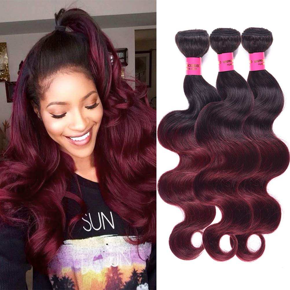 Brazilian Ombre Burgundy Human Hair Bundles 8A Body Wave Weaves - 1B/99J Ombre Red Hair Extensions (18, 20, 22 Inch) for Stunning Length & Volume | Perfect for Parties, Weddings & Everyday Glam