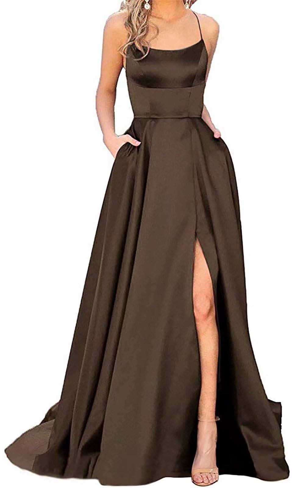 Elegant Women's Halter Prom Dresses - Long Side Split Backless Satin Formal Evening Gowns with Pockets (Brown, Size 14) | Perfect for Homecoming, Cocktail Parties & Special Occasions
