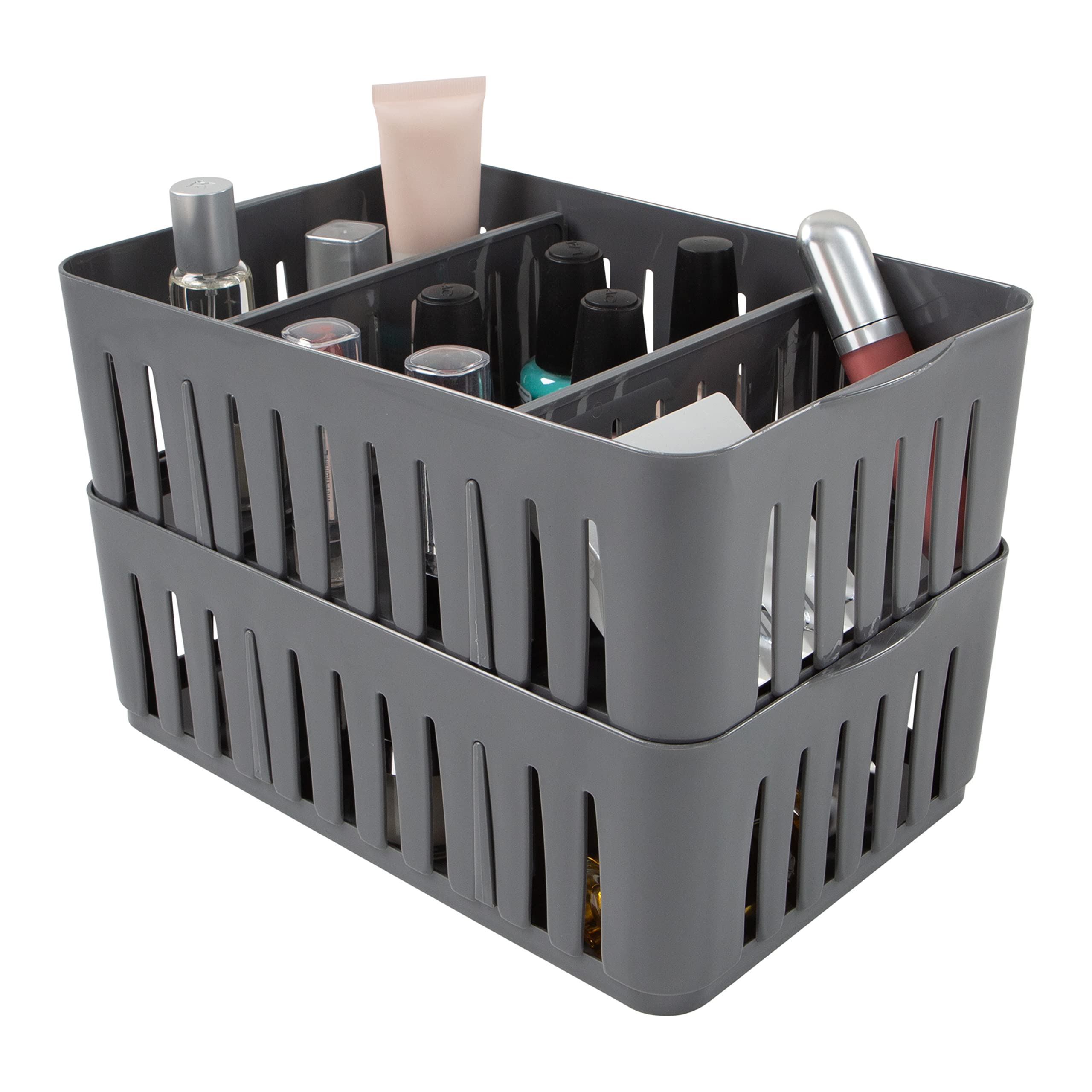 4 Pack Stackable Storage Bins with Adjustable Dividers - 3 Compartment Drawer Organizer for Office, Desk, Dorm & Bathroom | Perfect for Makeup, Accessories & Supplies | Space-Saving Grey Storage Baskets for Home Organization